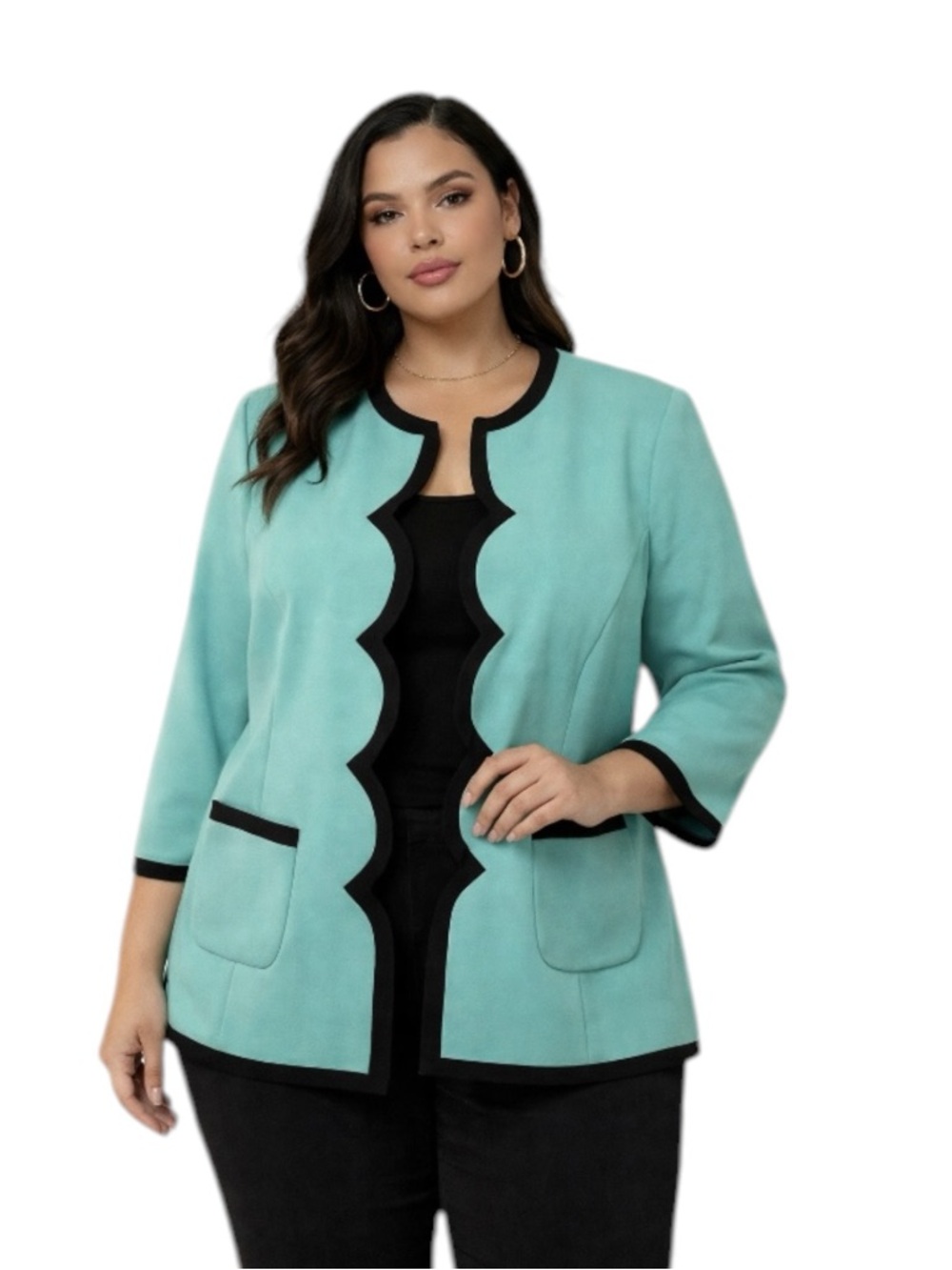 Jones Studio Teal Blazer Jacket 20W Black Trim Open Front Scalloped Edge